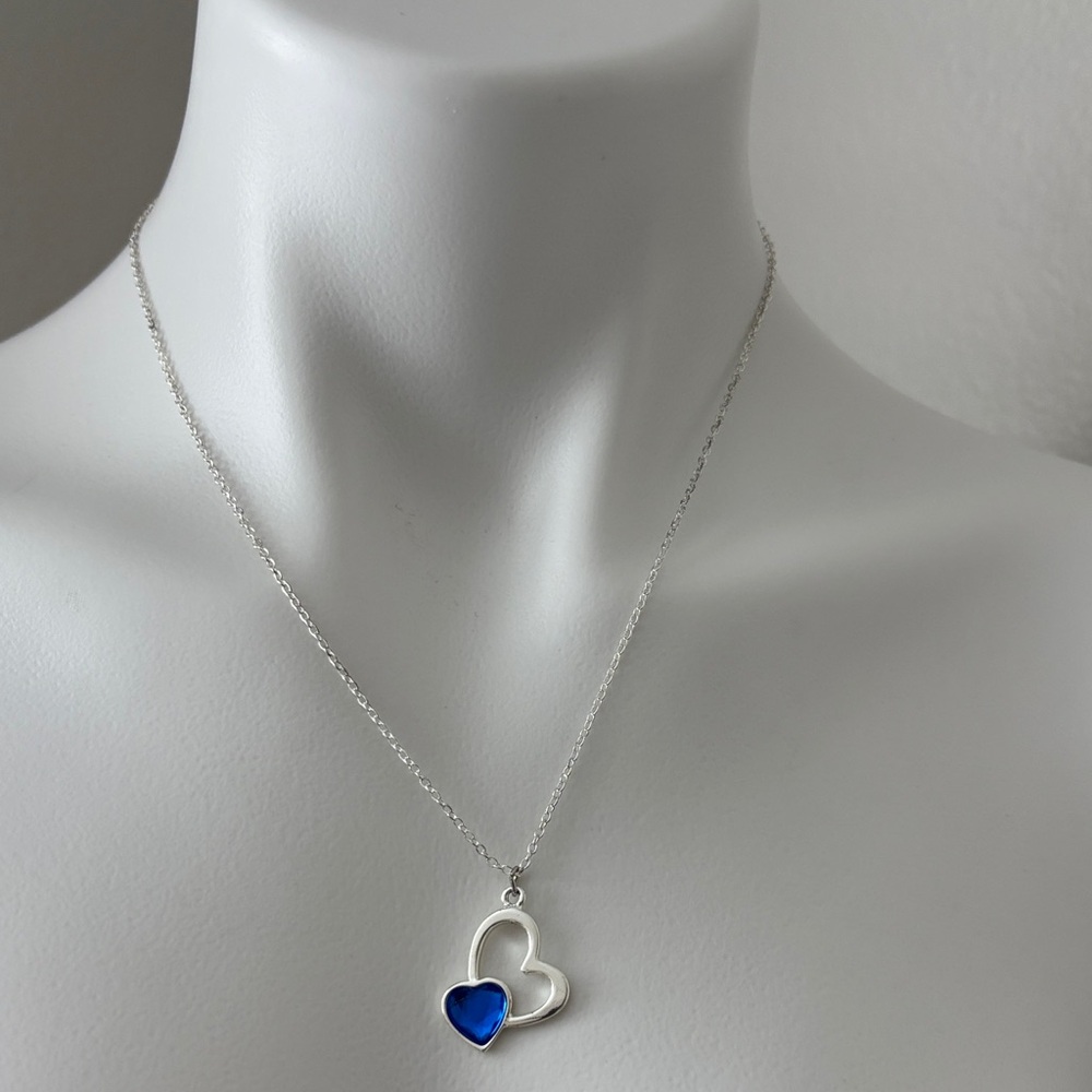 Silver Heart Necklace with Blue Accent